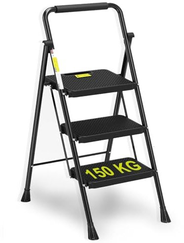 HYTAMA Scala Sgabello Pieghevole con Ampio Pedale Antiscivolo, Scala in Acciaio Robusta, Impugnatura Comoda, Leggera, Sgabello Portatile in Acciaio,Certificata EN14183 (NERO, 3 Gradini)