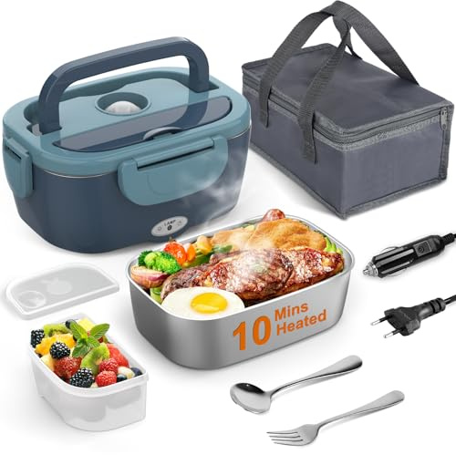 WisaKey Elektrische Lunchbox, 80W Thermo Lunch box mit Tasche,Edelstahl Gabel & Löffel und 1.5 L Essensbox, 12V 24V 110~230V, Auslaufsicherer, Brotdose Elektrisch für Auto LKW Büro