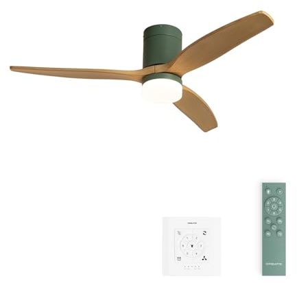 CREATE / WINDCALM M/Deckenventilator ABS mit Beleuchtung Salbeigrün Hellesholzflügel-Optik mit Wandschalter und Fernbedienung / 40W, Leise, Ø132cm, 3 LED-Temperaturen, Timer, Sommer-Winterbetrieb