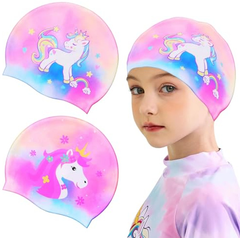 BelleVive 2 pezzi cuffia da bagno in silicone per bambini e ragazze, cuffie resistenti e impermeabili, età 2–14 anni, adorabile unicorno per capelli lunghi e corti, ideale per il bagno, ragazzi e