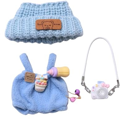 Mrltau Cute Baby Casual Stile Clothes For Vinyl Plush Toy Keychain Doll, With Knitted Beanie & Plush Overalls & Camera Deco, Outfit Accessories for Vinyl Plush Toys Blind Box(blue)