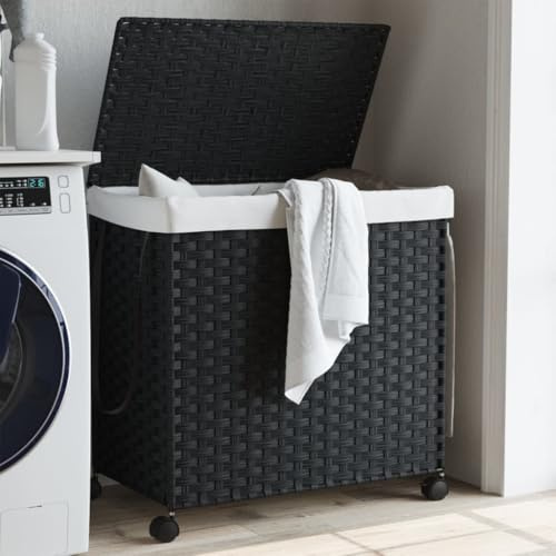 Myheimly Wäschekorb Wäschesammler Wäschebox Wäschetonne Wäschesack Wäschetruhe Wäschebehälter mit Rollen Schwarz 60x35x60,5 cm Rattan