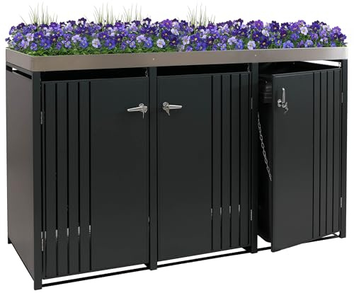 Mendler 3er-Mülltonnenverkleidung HWC-O67 - anthrazit | Mülltonnenbox, mit Pflanzkasten, Metall, 125x196x84cm, 75kg