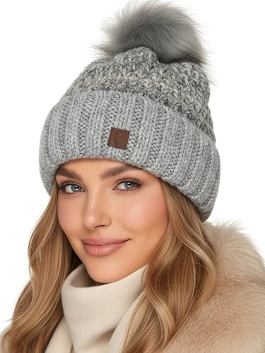 Baesics Bommelmütze Damen Herren - Wintermütze Kunstfell Bommel warm | Mit flauschigem Pompon und weichem Fleecefutter, Größe ca. 54-58 cm, Strick aus der EU. Warm für Herbst, Winter und als