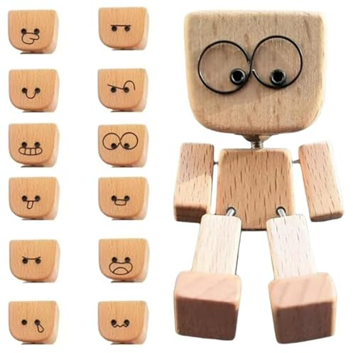 Generisch Schüttelmann Holz, Shaking Wooden Man, Wackelnder Holzmann, Charmante Kleine Holzfigur, Die Mit 12 Magnetischen Ausdrücken Schwankt, Wackelfigur Auto (1)