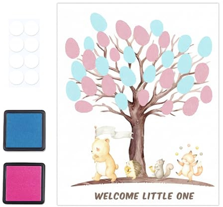CJAPGJW 30 X 42 cm Fingerabdruck Baum Poster mit 1 Blau 1 Rosa Stempelkissen Und Klebepunkte, Gender Reveal Party Deko Pink Blau, Gender Reveal Geschenk für Partyeinladungen und Abstimmungsspiele