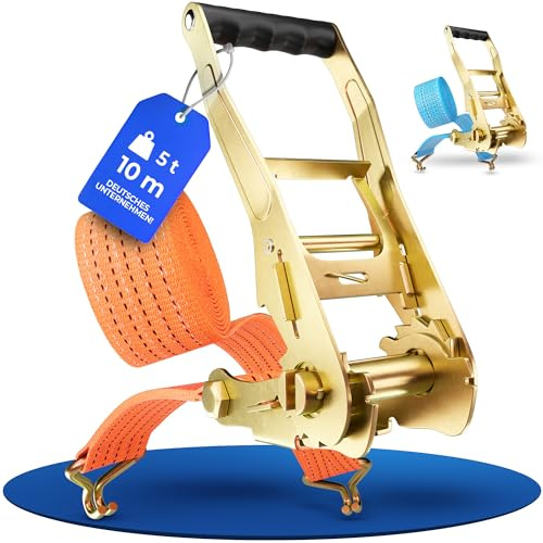 Spanngurt mit Ratsche und Haken (10m, 5t) TÜV/GS geprüft Ratschen-Zurrgurt mit Ratschensystem - 50 mm Bandbreite – Ratschengurte zur Befestigung als Ladungssicherung für Anhänger, LKW, PKW, Transport