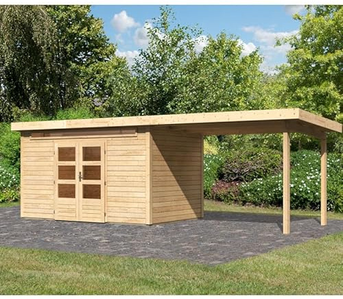 Karibu | Abri de Jardin Bois Massif Kandern 7, 8,88m² avec Appentis 320cm, Épicéa Nordique Naturel | Toit Plat, Double Porte Vitrée, Lucarne | Rangement Extérieur Robuste et Tendance