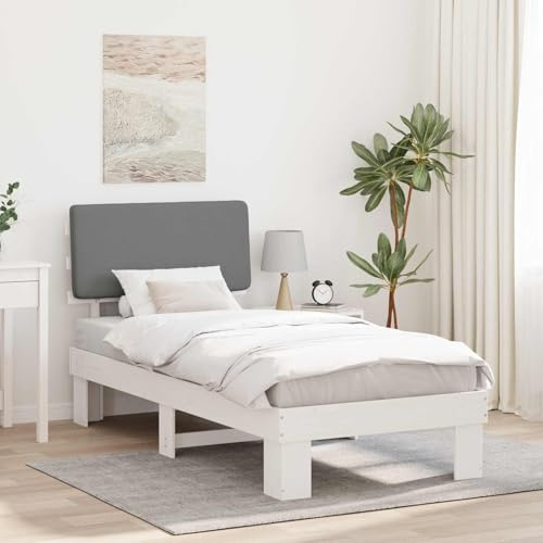 Yunovire Bettgestell mit gepolstertem Kopfteil, Hellgrau 90x200 cm, Kiefernholz, modernes Einzelbett für Schlafzimmer, ohne Boxspring