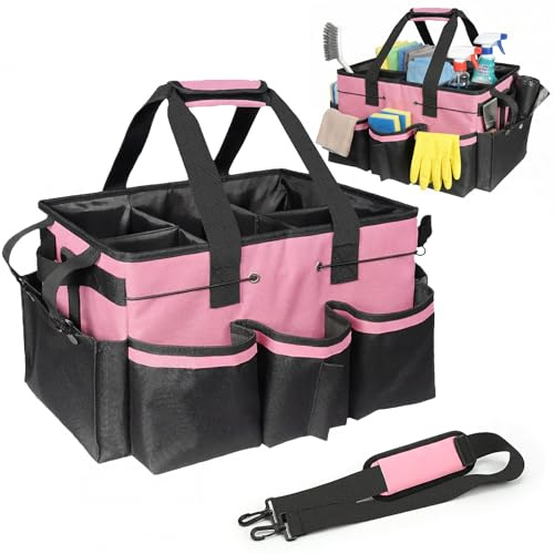 BAOWUABJ Foldable Cleaning Caddy with Handle - Large Cleaning Caddy Bag | Cleaning Caddy with Adjustable Strap & Removable Dividers, Multi Pocket Cleaning Bag Organiser for Home, Office