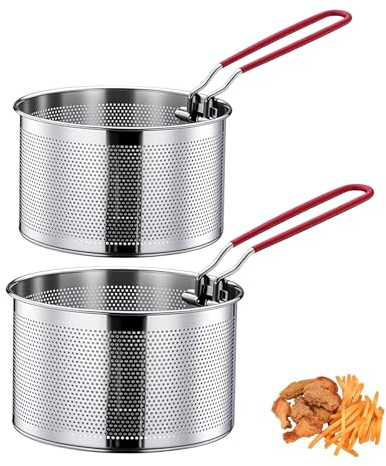 2 Stück Frittierkorb für Topf mit Abnehmbaren Griff, Nudelsieb Edelstahl Sieb Nudelkorb Lebensmittel Siebkorb Metall Küchensieb für Waschen Abtropfen Frittieren Kochen (16 cm + 18 cm)