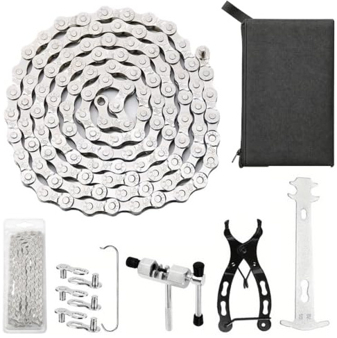 Chaîne de Vélo 6/7/8 Vitesses, 116 Maillons avec Kit de Réparation, Pince, pour VTT, Vélo de Course et Entretien du Drivetrain, Dérive-Chaîne, et Maillons Rapides