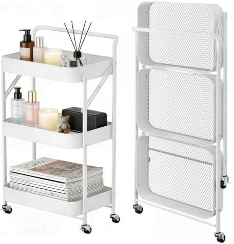 SlateSoul 3-servierwagen mit Rollen, Für Badezimmer, Küche und Wohnzimmer geeignet, Beistellwagen aus rostbeständigem Metall, Klappbar, Einfache Montage,weiß