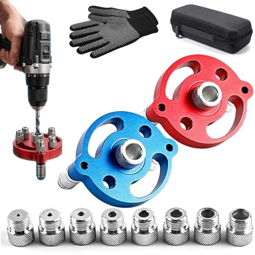 Dima autocentrante per tasselli – Guida di precisione per giunzioni perfette nel legno (2/3/4/5/6/7/8/9/10 mm), dima manuale per tasselli con scatola portaoggetti, ideale per la costruzione (Red+Blue)