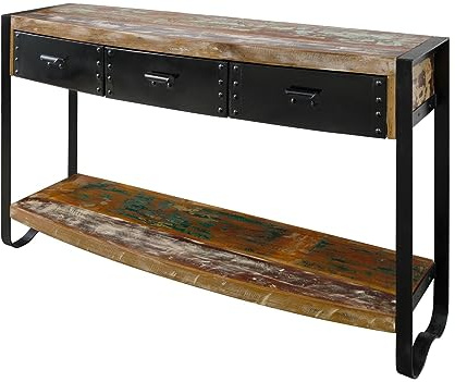MASSIVMOEBEL24.DE | Konsolentisch Industrial, Beistelltisch aus Altholz und Eisen, Flurtisch mit 3 Schubladen und 1 Ablage