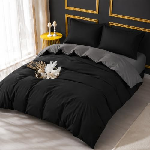 Adam Home 4PCS Complete Reversible Black & Grey double duvet set bedding & Fitted Sheet 6 Colors Soft Micro Fiber black double duvet set– Black Grey double duvet cover