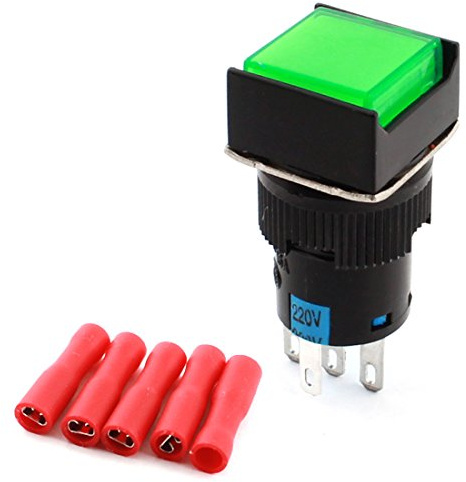Aexit AC 220 V Green Light Lampada 5 Pin 16mm Montaggio a pannello SPDT Blocco interruttore a pulsante quadrato + 5 pz Terminali di cablaggio FAI DA TE ID: 594129