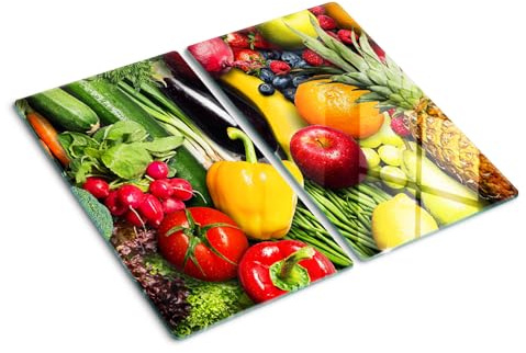 Tabla para Cortar de Cristal 2x30x52 cm Placa de Corte Fina para Encimera de Cocina Resistente 2 Unidades Decorativa Patas de Silicona Higienicas de Vidrio Templado - Verduras y frutas