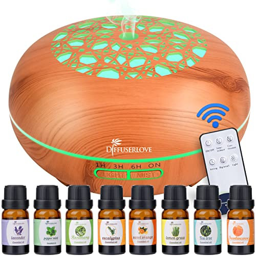 Diffuserlove Difusor Humidificador Aceites Esenciales 550ML Control Remoto Difusor de Grano de Madera Humificador de Aromas Niebla fría con Luces LED de para el hogar Dormitorio Yoga Oficina