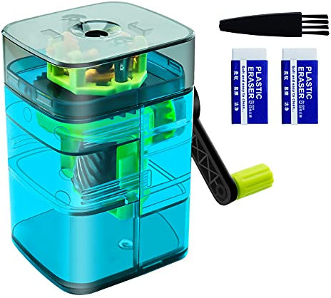 Bleistiftspitzer Manueller Anspitzer Mit Behälter Mit Spiralkochfeld und automatischer Stoppfunktion Mit 2 Radiergummis und 1 Reinigungsbürste Geeignet für Kinder/Schüler/Künstler/Büro (Blau)