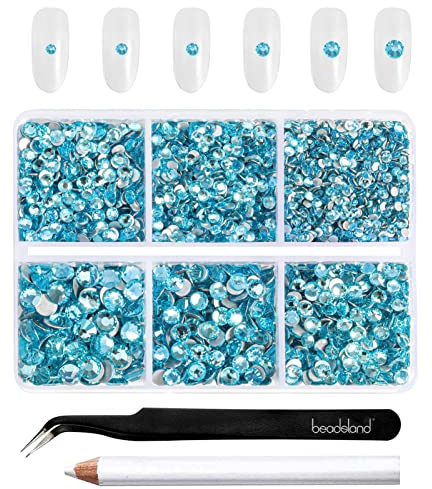 Beadsland Strasssteine zum Basteln,Aquamarin,6 Größen gemischt,4300 Stk | Blaue Strasssteine,SS6–SS20,Glasmaterial,Flacher Rückseite,Nagelsteine,mit Picking-Pinzette und Wachsstift