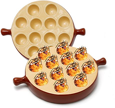 VIKKSAER Escargot Auflaufform aus Keramik mit 12 Mulden, 22 cm mit Griff, Fußschalen, ofenfestes Loch-Set für Zuhause, Restaurant, Hotel, Braun