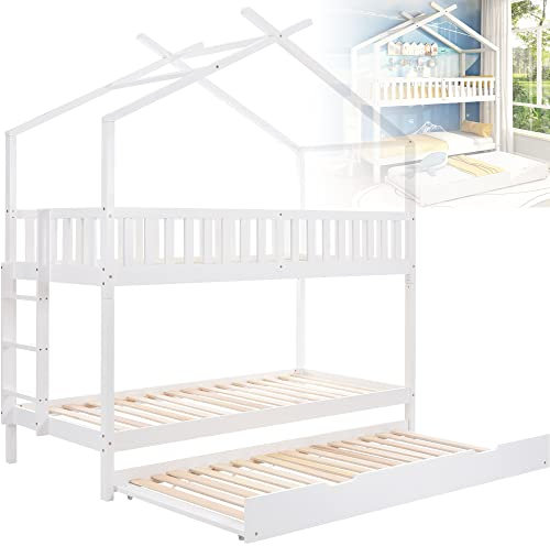 kubeier Kinderbett Etagenbett 90x200 cm Dreifachbett Hochbett, Massivholz Kinder Bett mit Rausfallschutz und Lattenrost, Spielbett, Jugendbett, Platzsparendes Design, Ausziehbar, Weiß