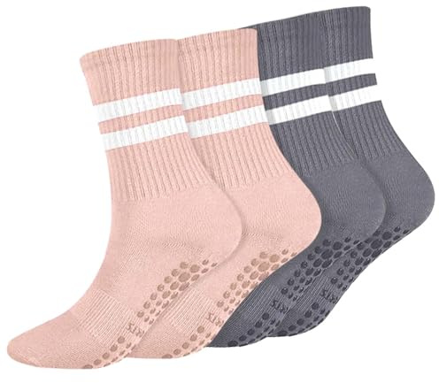 REEKNOKOL 2 Paar Yoga-Socken mit Griffen, rutschfeste Pilates-Socken, lange Griffsocken für Damen und Mädchen, Zuhause, Fitnessstudio, Sport, Workout, Fitness (Rosa und Grau)