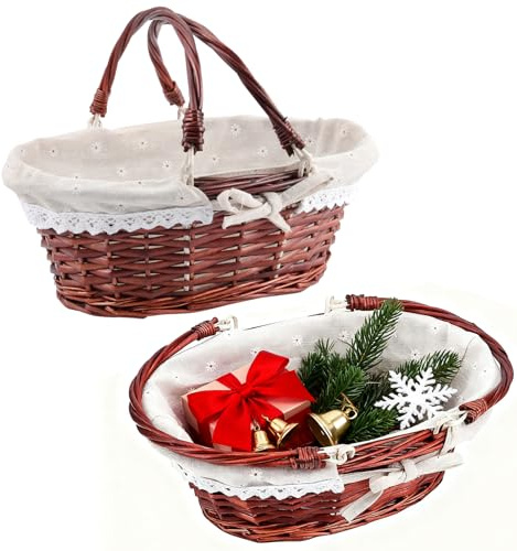 ZOENHOU Lot de 2 paniers de Pique-Nique en Osier tissé à la Main avec poignée Pliable, Panier de Pâques Vide pour Fruits, Bonbons, vin, œufs de Mariage, Marron