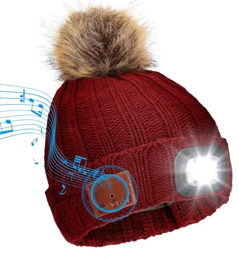TAGVO Bluetooth-mössa med LED-strålkastare, USB-uppladdningsbar LED-mössa med hörlurar, inbyggda stereohögtalare och mikrofon, upplyst keps för camping, löpning, skidåkning, vandring, cykling,