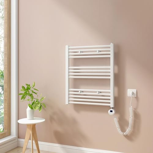 Heilmetz Badheizkörper Elektrisch 70x60cm Handtuchwärmer mit Digitalem Thermostat+Timer-Funktion Gerade Handtuchheizkörper Weiß 330W