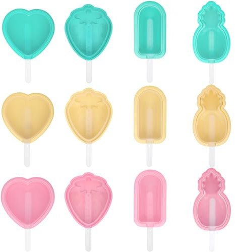 12 Piezas Moldes Helados Silicona,Moldes de Helados Rosa Amarillo Verde,Moldes para Polos con Palo,Reutilizable Moldes para Helados,Poleras Helado Silicona en Forma de Óvalo Corazón Fresa y Piña