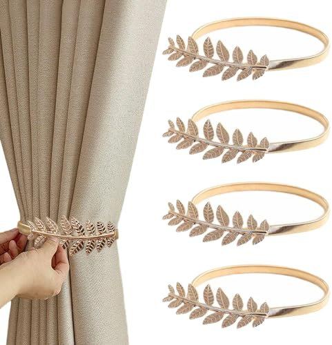 TRKETK 4 Piezas Alzapaños para Cortinas Dorados con Hojas Creativas, Ajustables para el Hogar, Hotel, Dormitorio, Oficina