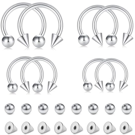 AVYRING Lot de 40 piercings fer à cheval, en acier inoxydable 16 g, 6/8/10/12 mm, pour sourcil, lèvre, tragus, cartilage, daith, conch, hélix, bijoux pour femmes et hommes, argent, or, noir, Acier