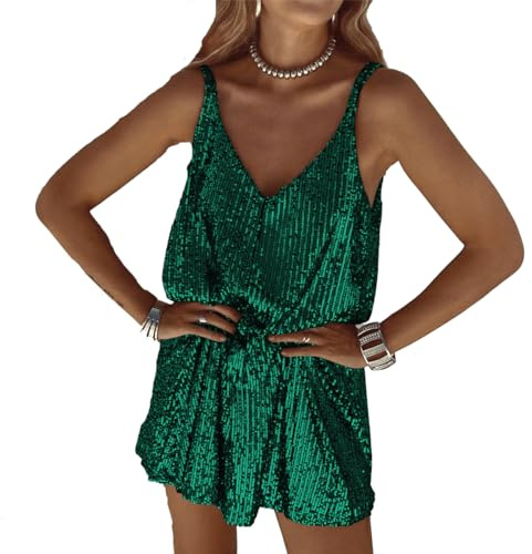 LIAOPUFUS Abito Corto Sexy con Scollo a V, Bretelle Sexy, Abito in Paillettes, Aderente (009 Verde, XL)
