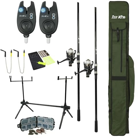 FISH-XPRO Set Carpfishing Completo 2 Canne - 96 Pezzi - Rod Pod - Segnalatori - Swinger - Supporti - Kit Carpa Completo
