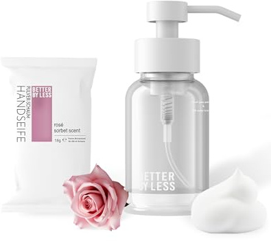 Better by Less Rosé Sorbet Geschenk Set - Nachhaltige Refill-Handseife für Damen mit Seifenspender aus Glas und Edelstahl-Pumpspender - Ideales Badezimmer-Set - Naturkosmetik vegan