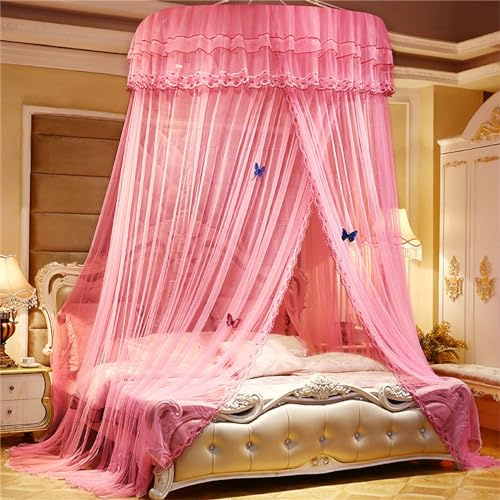 ENEN Spitzenkante Moskitonetz Bett Baldachin, Betthimmel Kinderbett Prinzessin Betthimmel Fliegennetz Moskitonetze Reise Moskitonetz - Schmetterlingsornamente Nicht Enthalten (Rosa)