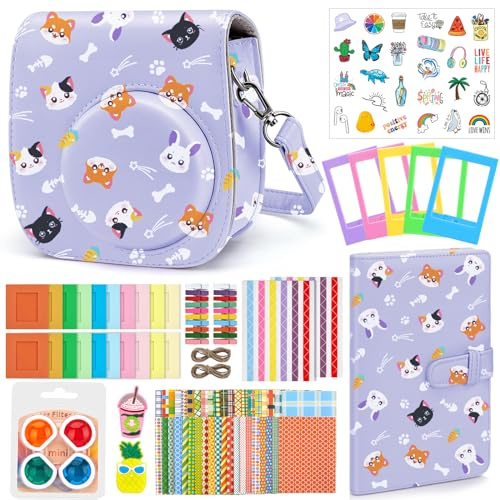 Eurhomewit Paquete De Accesorios para Instax Mini 12 Cámara Instantánea Incluye: Funda Camara/Album/Marcos/Filtro/Adhesivo de Dibujos Animados/Adhesivo de Bordes Y Esquinas -Estampado Morado