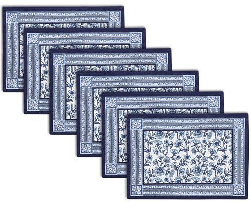 Encasa XO Juego de Manteles Individuales para 6 | Mantel Individual de Lona de Algodón Estampado en Bloque Índigo-02-46x32 cm | Estampado a Mano Jaipur Sanganeri