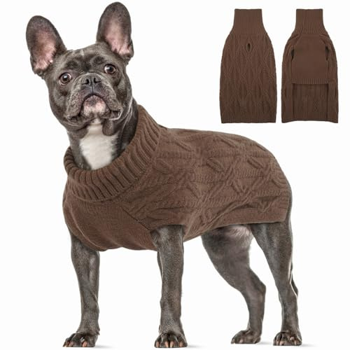 Klein Hundepulli, Sweater Chihuahua Winterkleidung Bulldogge Klassischer Hundepullover mit Zopfstrickmuster Frühling Herbst Winter Haustier-Outfits(Braun, S)