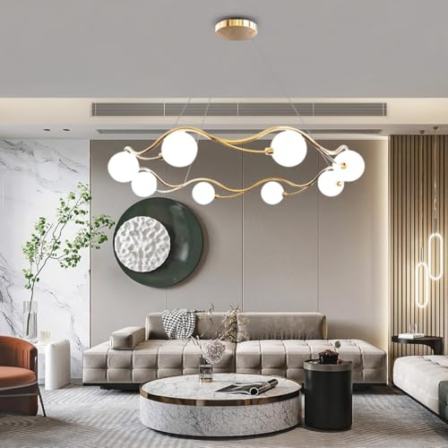 VTAMng Moderner goldener Sputnik Kronleuchter 8-flammige Pendelleuchte mit einstellbarer Höhe goldene Metall Deckenleuchte mit weißen Kugelschirmen ideal für Wohnzimmer Esszimmer Garderobenbeleuchtung