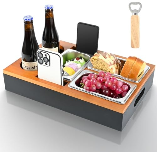 Couchbar Snackbox, Euakee Praktischer Sofatablett mit DREI Snackschalen und Mehrere Lagerplätze, Abnehmbarem Snackbox, Couch Organizer Geschenk Für Männer & Frauen