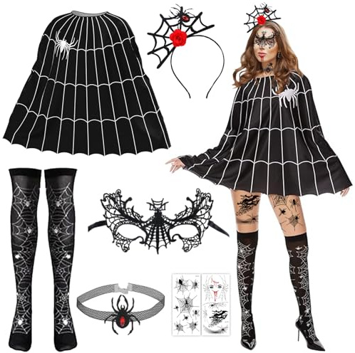 Hangsky Halloween Kostüm Spinne Damen, 7 Stück Spinnenkostüm Damen Set, Halloween Kostüm Set für Karneval Party (A)