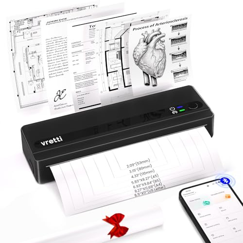vretti PB821 impresión térmica A4, Impresora térmica portátil, impresión Sin Tinta Conexión de Android & iOS para Viajar,Impresora portátil Bluetooth para 1 Rollo de Papel térmico A4