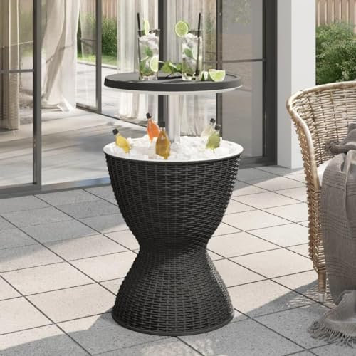 Drinks Cooler Side Table with Ice Bucket - Height Adjustable Patio Table for Beer, Champagne, Wine - Ideal for Garden, Pool Parties - Stylish Rattan Look with Lid for Easy Storage