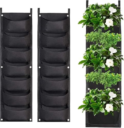 KBIBCK 2 Pack Wall Planting Bags, 7 Pocket Hanging Plant Grow Bags, Vertical Hanging Garden Wall Planter, WallPlanting Storage Bag Flowerpot Bag for Outdoor Indoor Yard Garden Home Decoration (Black)