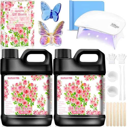 BARAKYEG Resina UV 500g,Resina Epoxi UV,lampara UV resina,Fabricación de Joyas,Resinade curado ultravioleta dura y transparente,Mejorada Transparente para Joyería DIY,Moldes,Manualidades