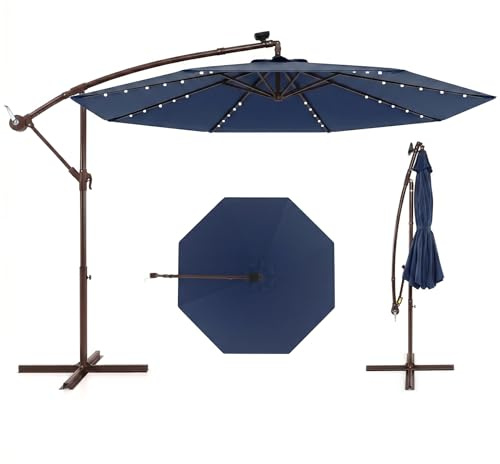 RELAX4LIFE Sonnenschirm Ø 300 cm, Terrassenschirm mit 40 Solar-LED-Leuchten, Ampelschirm mit Kurbel & Ständer, Gartenschirm wasserabweisend, Marktschirm mit UV-Schutz für Garten Pool Terrasse (Blau)