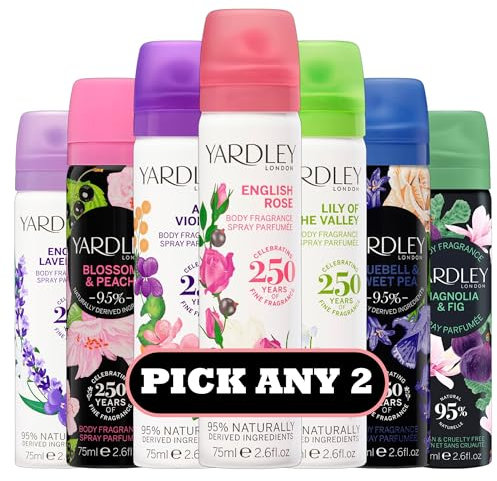 Yardley London Body Fragrance Spray 75ml – Pick Any 2 – Long-Lasting Body Spray for Women – 95% Naturally Derived Ingredients – English Rose, Lavender, Violet, Peach, Lily, Bluebell, Magnolia Scents